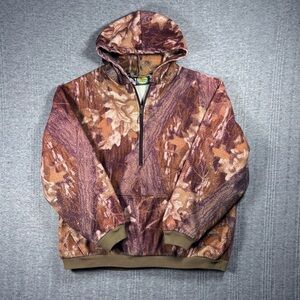 Vintage Cabelas Camo Fleece Hoodie Men’s XL Made In USA 1/2 Zip Brown Orange